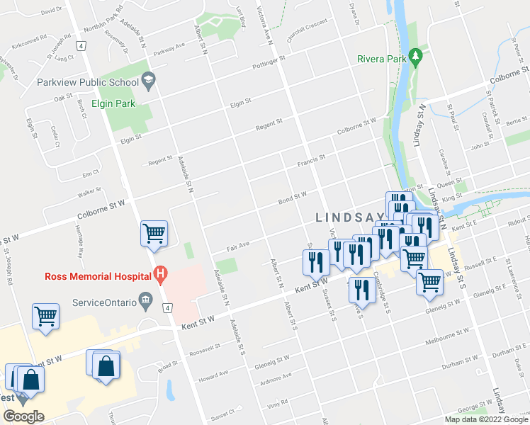 map of restaurants, bars, coffee shops, grocery stores, and more near 69 Bond Street West in Kawartha Lakes