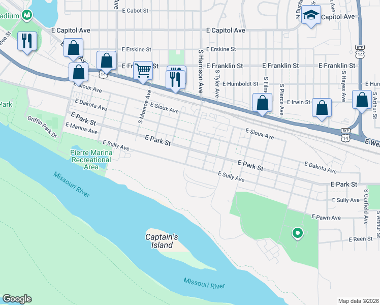 map of restaurants, bars, coffee shops, grocery stores, and more near 1601-1613 East Park Street in Pierre