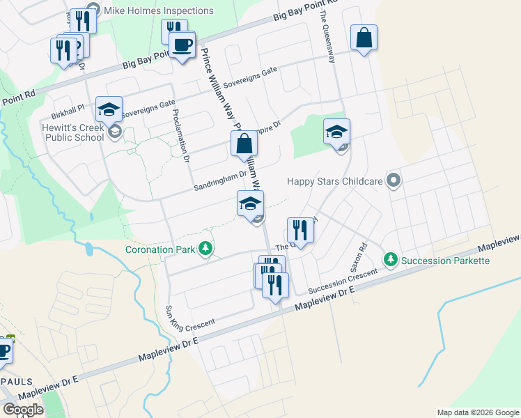 map of restaurants, bars, coffee shops, grocery stores, and more near Prince William Way in Barrie