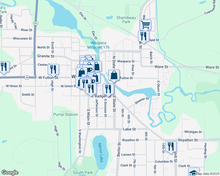 map of restaurants, bars, coffee shops, grocery stores, and more near 205 South Division Street in Waupaca
