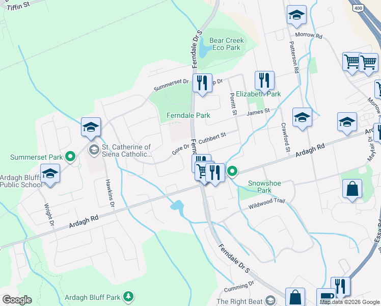 map of restaurants, bars, coffee shops, grocery stores, and more near 186 Ferndale Drive South in Barrie