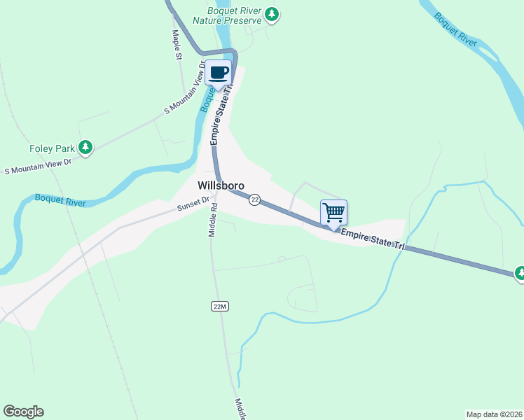 map of restaurants, bars, coffee shops, grocery stores, and more near 3657 Essex Rd in Willsboro