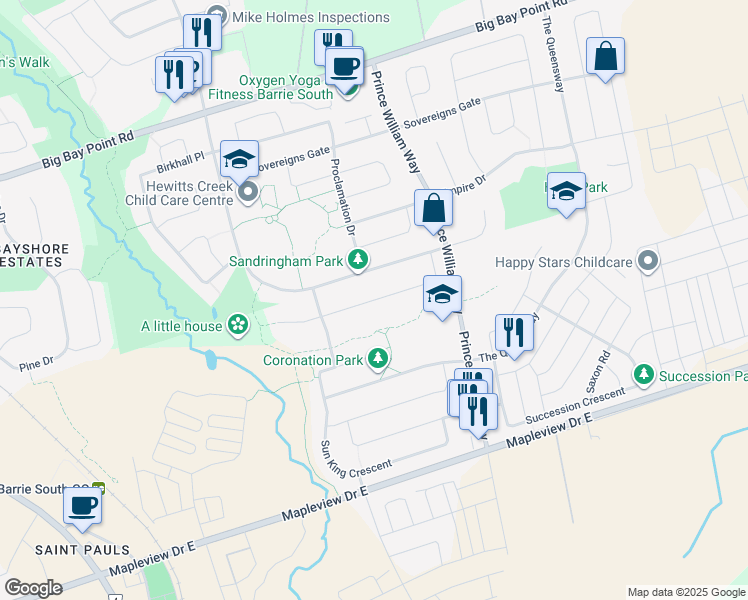 map of restaurants, bars, coffee shops, grocery stores, and more near Commonwealth Road in Barrie