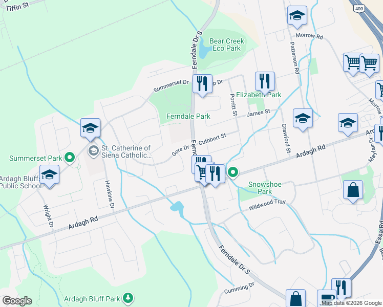 map of restaurants, bars, coffee shops, grocery stores, and more near 15 Cunningham Drive in Barrie