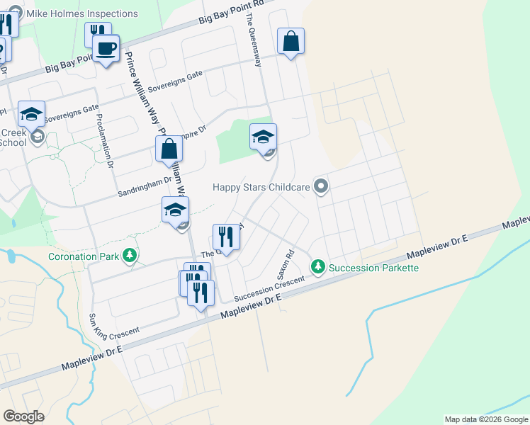 map of restaurants, bars, coffee shops, grocery stores, and more near Diana Way in Barrie