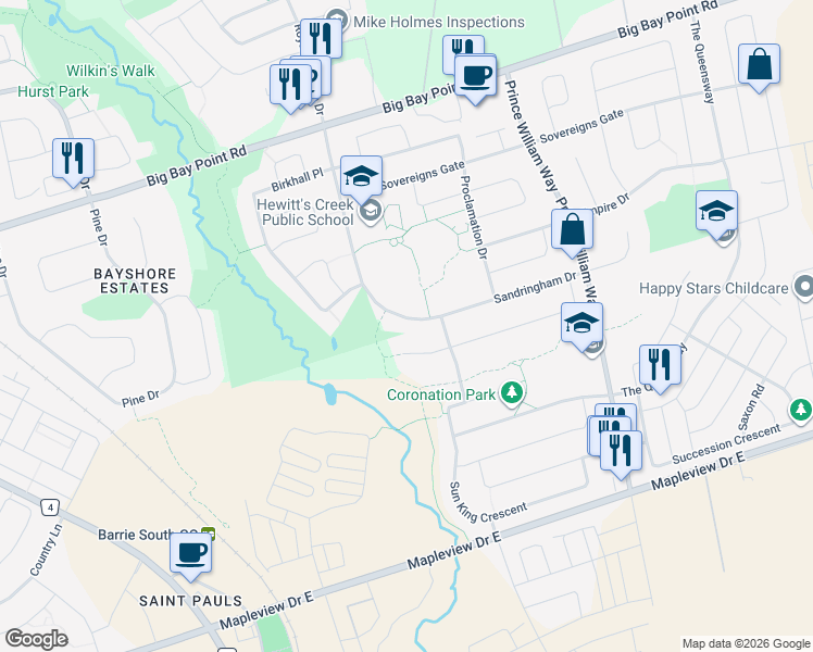 map of restaurants, bars, coffee shops, grocery stores, and more near 92 Sandringham Drive in Barrie