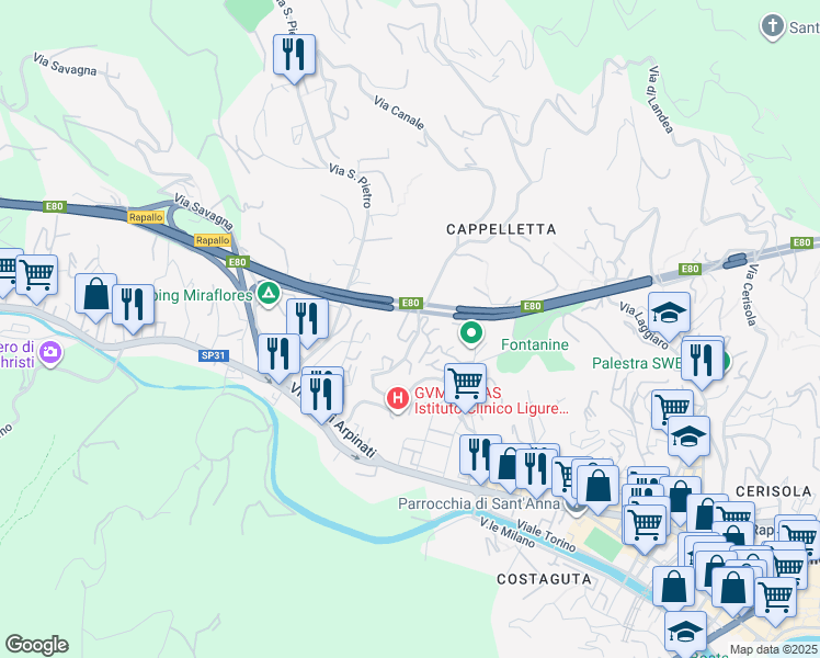 map of restaurants, bars, coffee shops, grocery stores, and more near Viale Privato dei Lauri in Rapallo