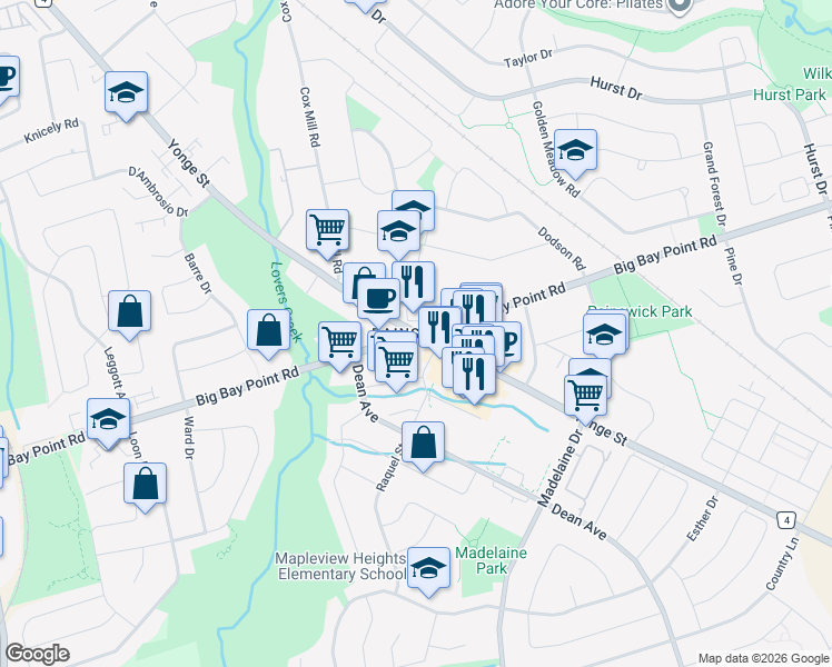 map of restaurants, bars, coffee shops, grocery stores, and more near Yonge St & Big Bay Point Rd in Barrie