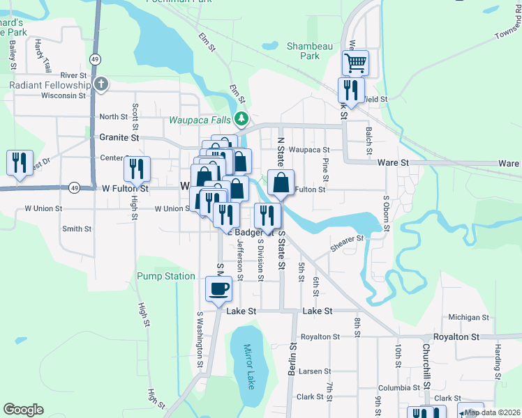 map of restaurants, bars, coffee shops, grocery stores, and more near 205 South Division Street in Waupaca