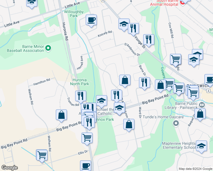 map of restaurants, bars, coffee shops, grocery stores, and more near 57 Pickett Crescent in Barrie