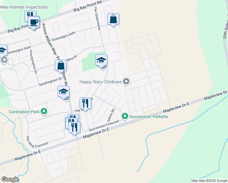 map of restaurants, bars, coffee shops, grocery stores, and more near 44 Saxon Road in Barrie