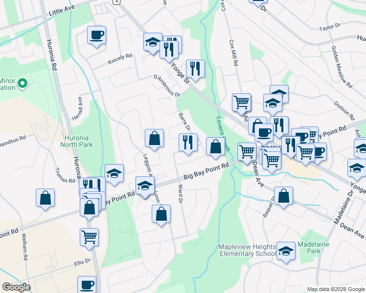 map of restaurants, bars, coffee shops, grocery stores, and more near 92 Barre Drive in Barrie