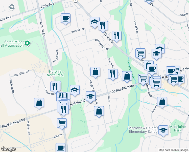 map of restaurants, bars, coffee shops, grocery stores, and more near 11 Draper Crescent in Barrie