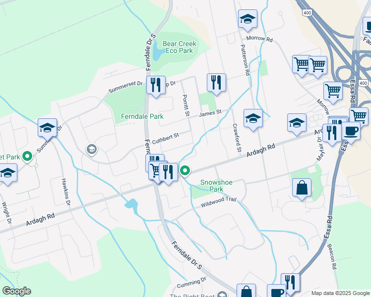 map of restaurants, bars, coffee shops, grocery stores, and more near 25 Archer Street in Barrie