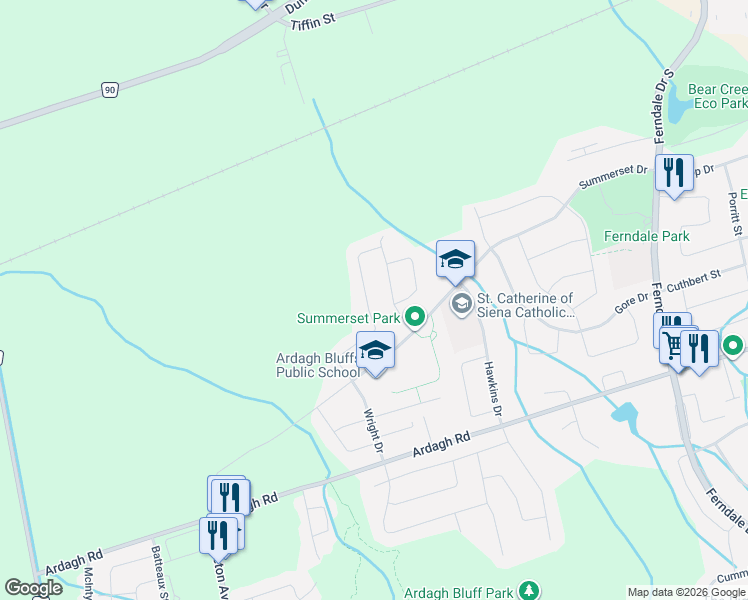 map of restaurants, bars, coffee shops, grocery stores, and more near 43 Graihawk Drive in Barrie