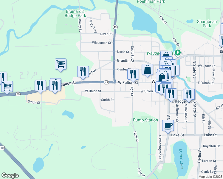 map of restaurants, bars, coffee shops, grocery stores, and more near 112 South Harrison Street in Waupaca