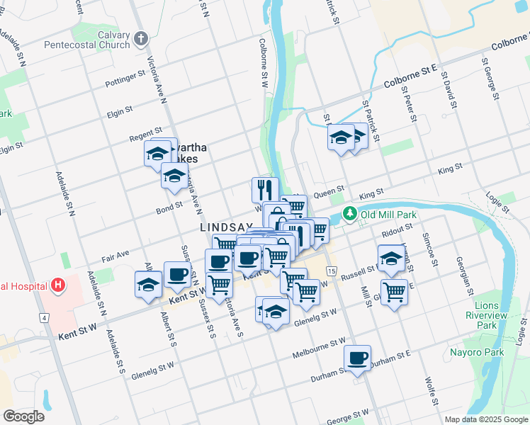 map of restaurants, bars, coffee shops, grocery stores, and more near 75 William Street North in Kawartha Lakes