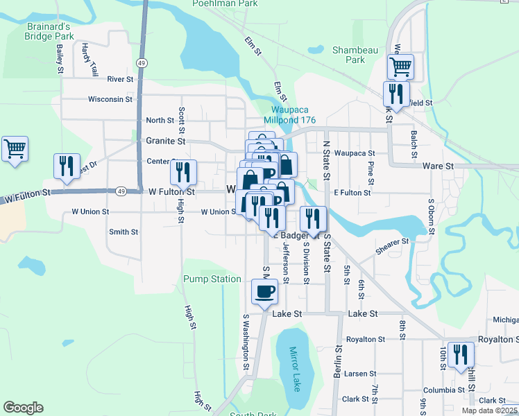 map of restaurants, bars, coffee shops, grocery stores, and more near 218 South Main Street in Waupaca