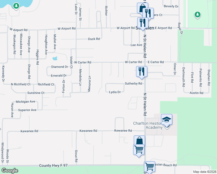 map of restaurants, bars, coffee shops, grocery stores, and more near 9726-9870 Lydia Drive in Richfield Township