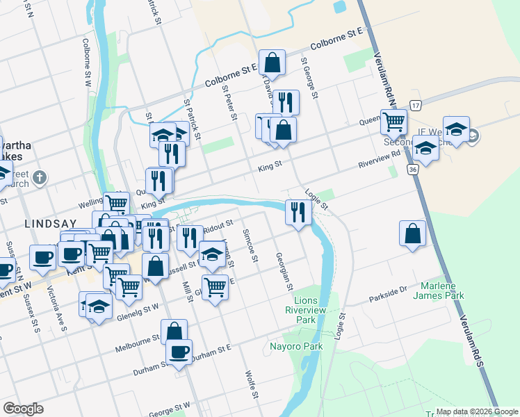 map of restaurants, bars, coffee shops, grocery stores, and more near 5 Georgian Street in Kawartha Lakes
