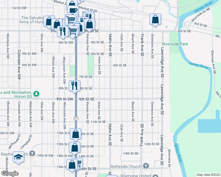 map of restaurants, bars, coffee shops, grocery stores, and more near 801 Idaho Avenue Southeast in Huron