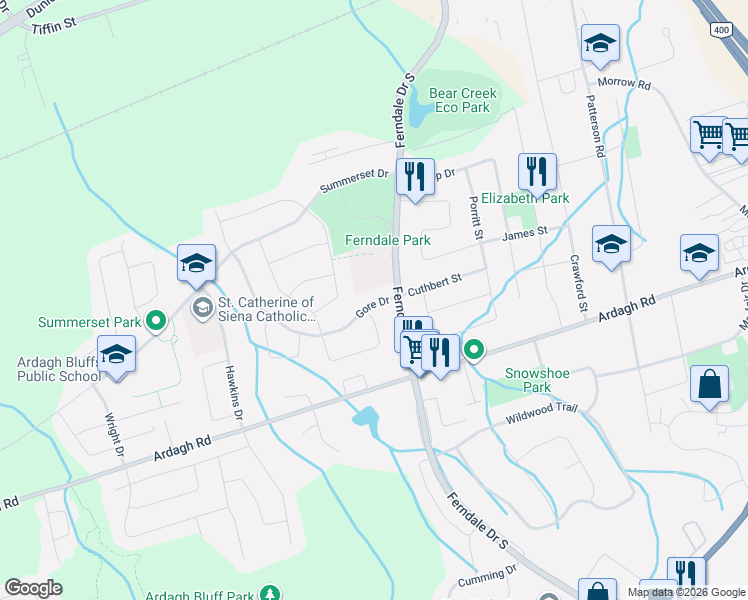 map of restaurants, bars, coffee shops, grocery stores, and more near 170 Ferndale Drive South in Barrie