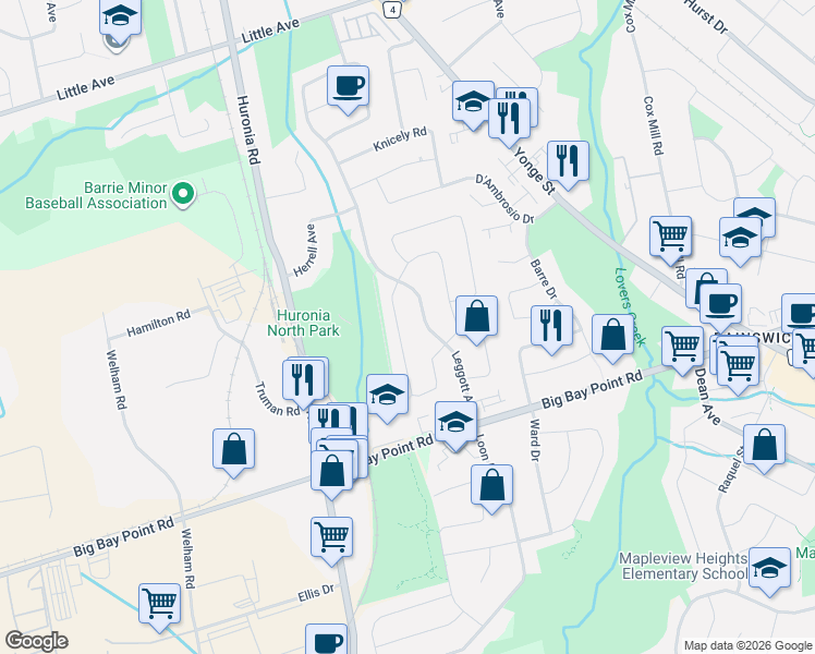 map of restaurants, bars, coffee shops, grocery stores, and more near 47 Pickett Crescent in Barrie