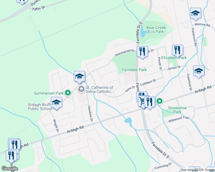 map of restaurants, bars, coffee shops, grocery stores, and more near 166 Cunningham Drive in Barrie