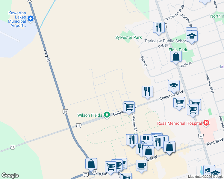 map of restaurants, bars, coffee shops, grocery stores, and more near 29 O'Neill Street in Kawartha Lakes