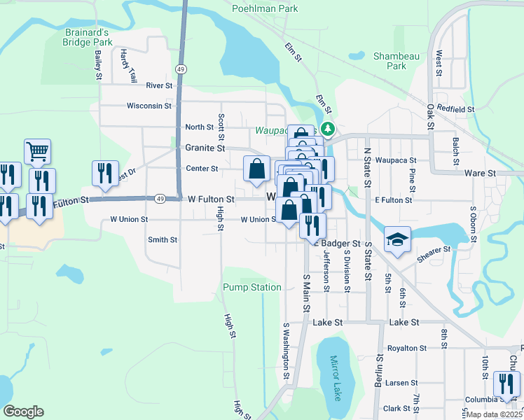 map of restaurants, bars, coffee shops, grocery stores, and more near 307 West Fulton Street in Waupaca