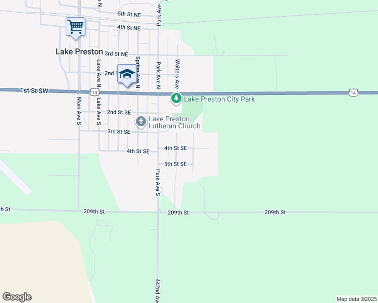 map of restaurants, bars, coffee shops, grocery stores, and more near 709 4th Street Southeast in Lake Preston