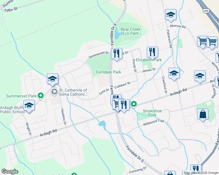 map of restaurants, bars, coffee shops, grocery stores, and more near 178 Ferndale Drive South in Barrie