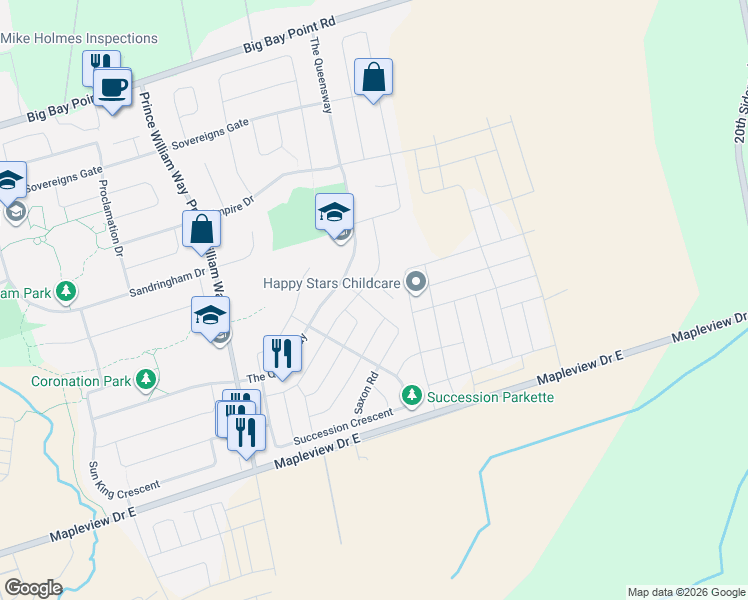 map of restaurants, bars, coffee shops, grocery stores, and more near 7 Regina Road in Barrie