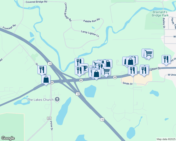 map of restaurants, bars, coffee shops, grocery stores, and more near 210 Joann Lane in Waupaca