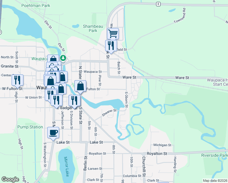 map of restaurants, bars, coffee shops, grocery stores, and more near 733 East Fulton Street in Waupaca