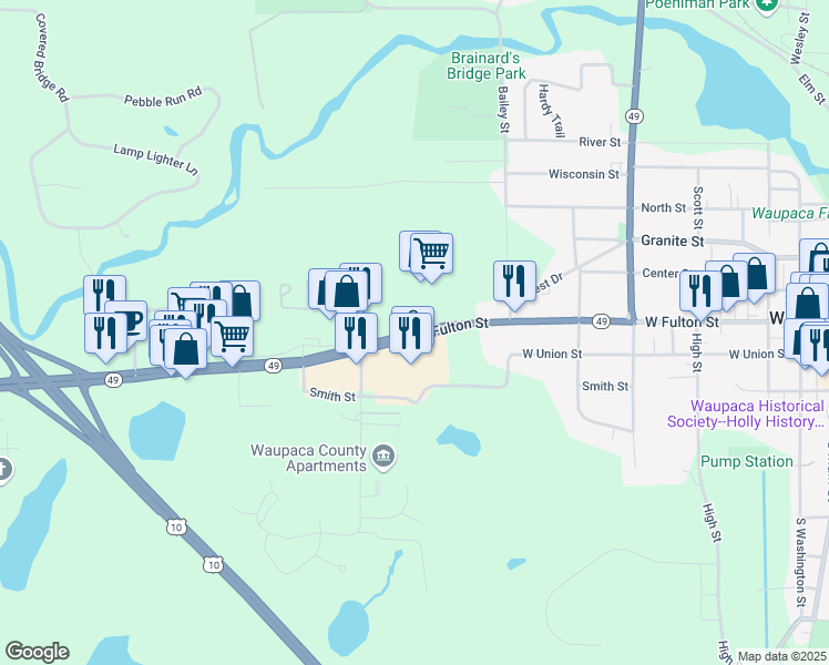 map of restaurants, bars, coffee shops, grocery stores, and more near 830 West Fulton Street in Waupaca