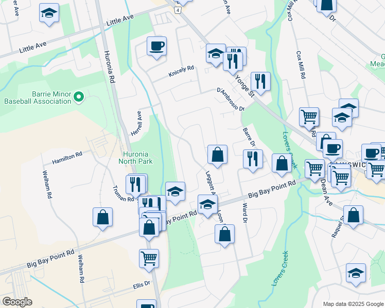 map of restaurants, bars, coffee shops, grocery stores, and more near Leggott Avenue in Barrie