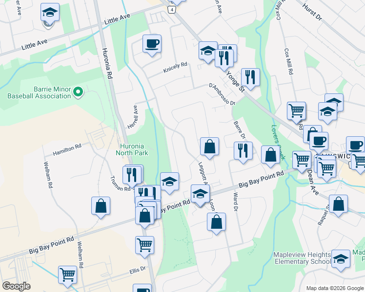 map of restaurants, bars, coffee shops, grocery stores, and more near 62 Leggott Avenue in Barrie