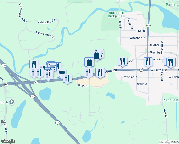 map of restaurants, bars, coffee shops, grocery stores, and more near 105 North Western Avenue in Waupaca