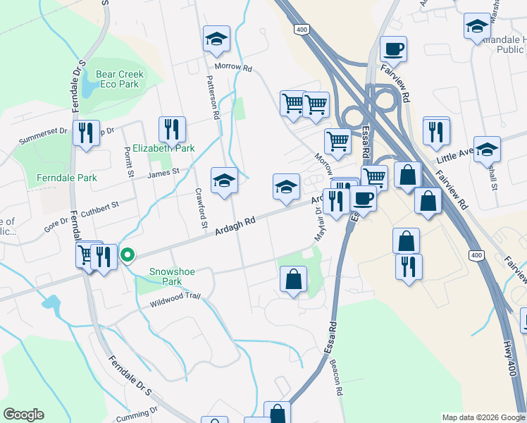 map of restaurants, bars, coffee shops, grocery stores, and more near 96 Ardagh Road in Barrie