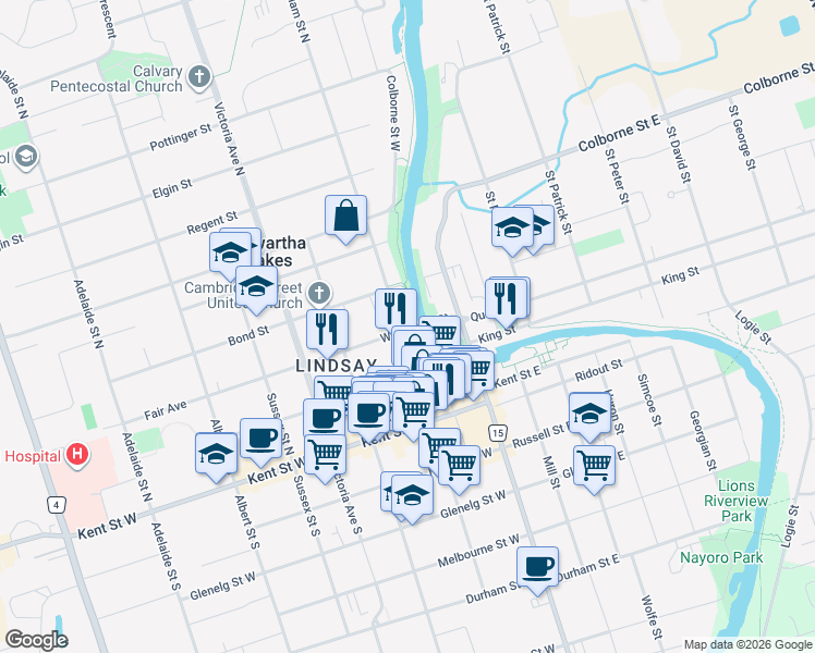 map of restaurants, bars, coffee shops, grocery stores, and more near 76 William Street North in Kawartha Lakes