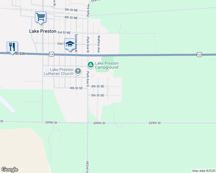map of restaurants, bars, coffee shops, grocery stores, and more near 400 Manor Avenue South in Lake Preston