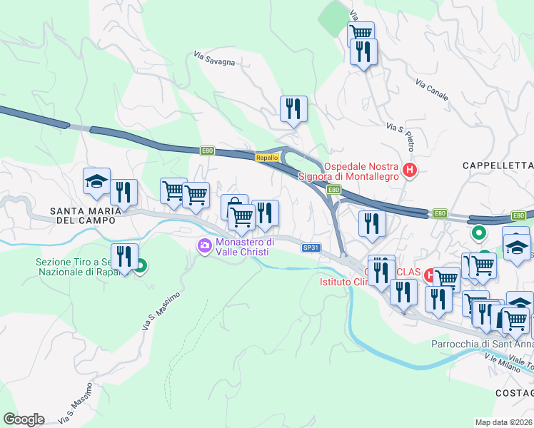 map of restaurants, bars, coffee shops, grocery stores, and more near 29 Via della Pineta in Rapallo