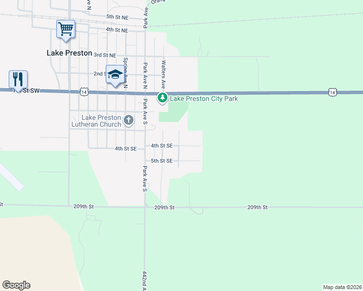 map of restaurants, bars, coffee shops, grocery stores, and more near 201-399 Manor Avenue South in Lake Preston