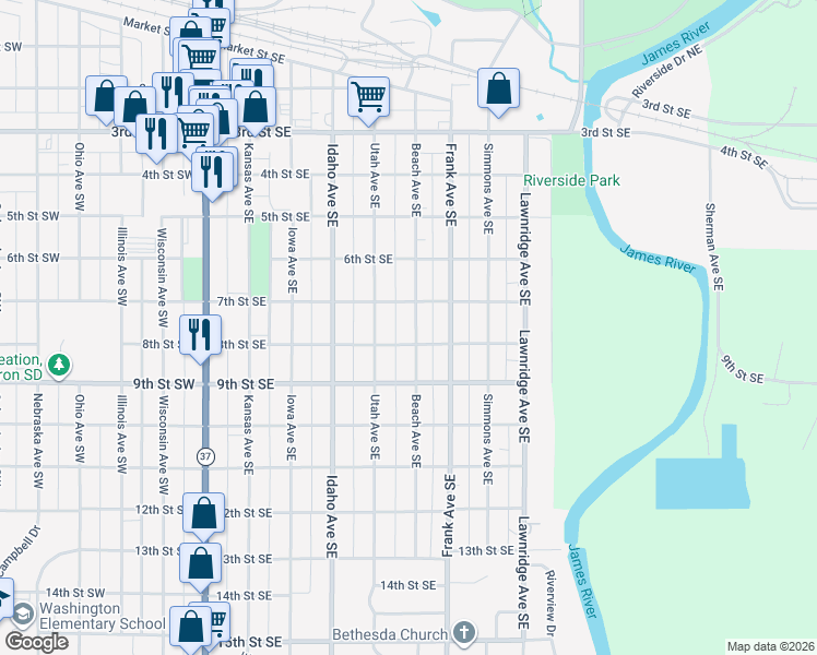 map of restaurants, bars, coffee shops, grocery stores, and more near 751 Beach Avenue Southeast in Huron