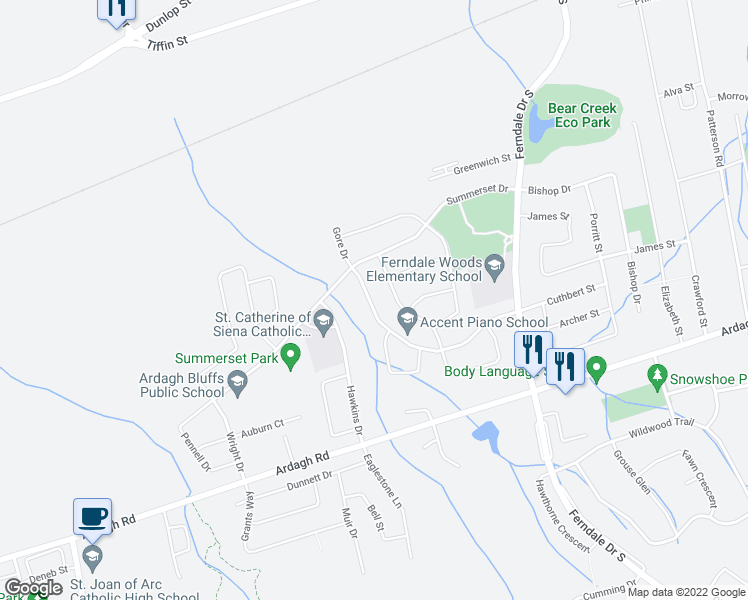 map of restaurants, bars, coffee shops, grocery stores, and more near 96 Gore Drive in Barrie