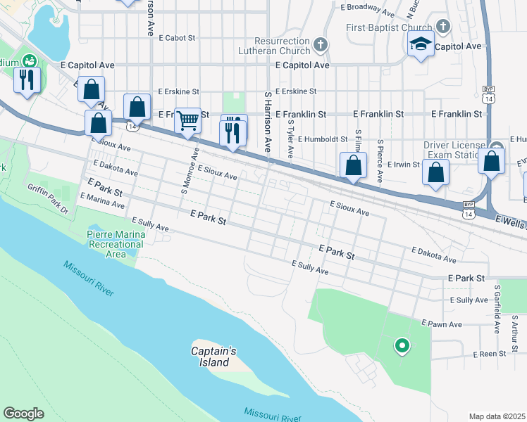 map of restaurants, bars, coffee shops, grocery stores, and more near 20207 Hwy 1804 in Pierre