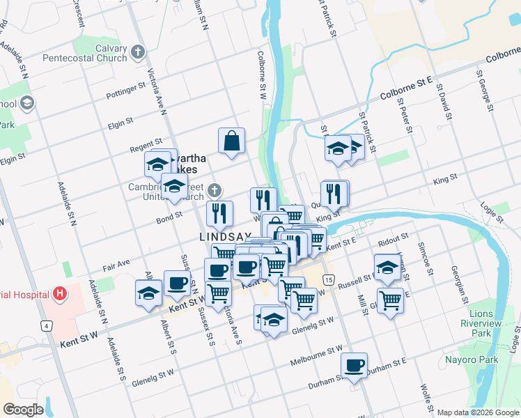 map of restaurants, bars, coffee shops, grocery stores, and more near 76 William Street North in Kawartha Lakes