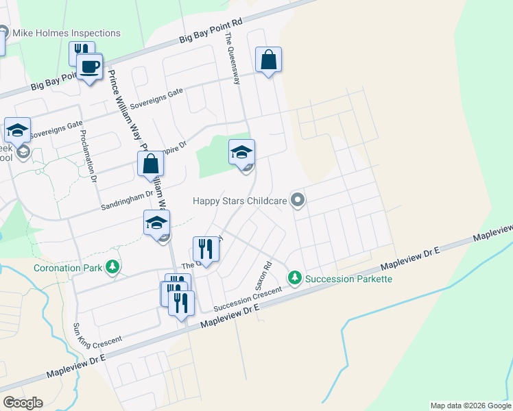 map of restaurants, bars, coffee shops, grocery stores, and more near 78 Diana Way in Barrie