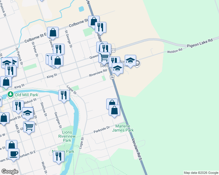 map of restaurants, bars, coffee shops, grocery stores, and more near 39 Kawartha Drive in Lindsay